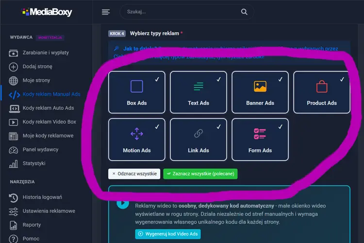 Formaty reklamowe Manual Ads w MediaBoxy – Box Ads, Text Ads, Banner Ads i więcej