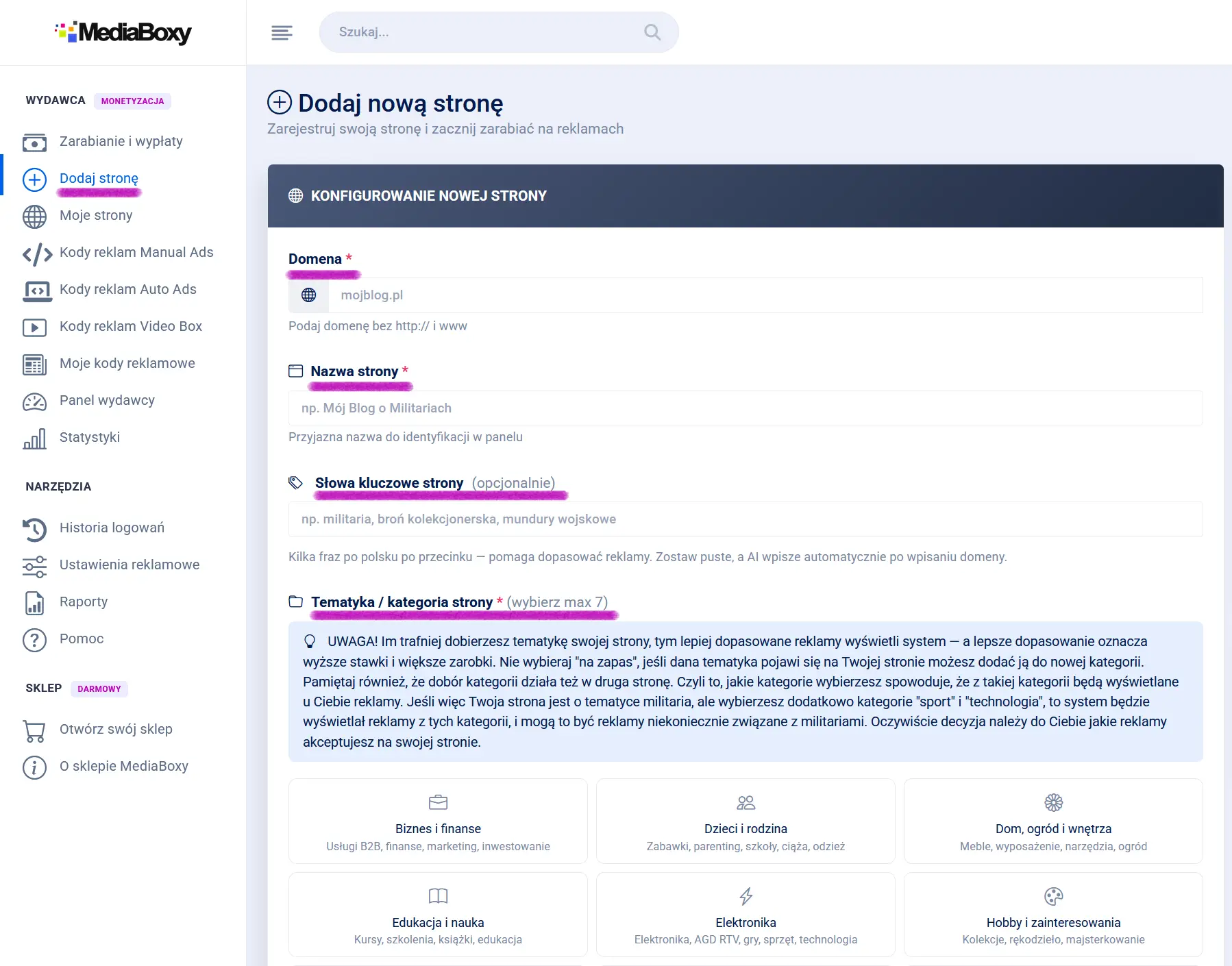 Formularz dodawania nowej strony wydawcy w panelu MediaBoxy – pola domena, nazwa strony, kategorie tematyczne