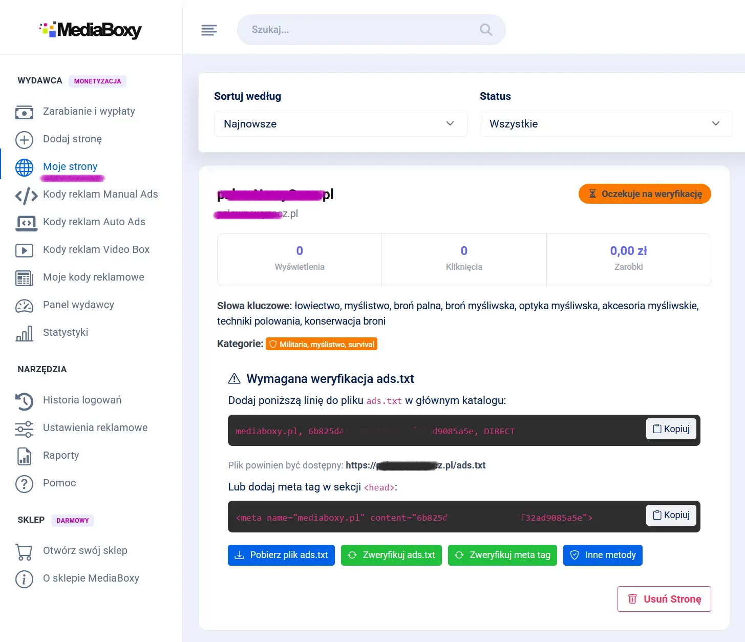 Panel Moje Strony w MediaBoxy – widok weryfikacji ads.txt z wygenerowanym wpisem do skopiowania