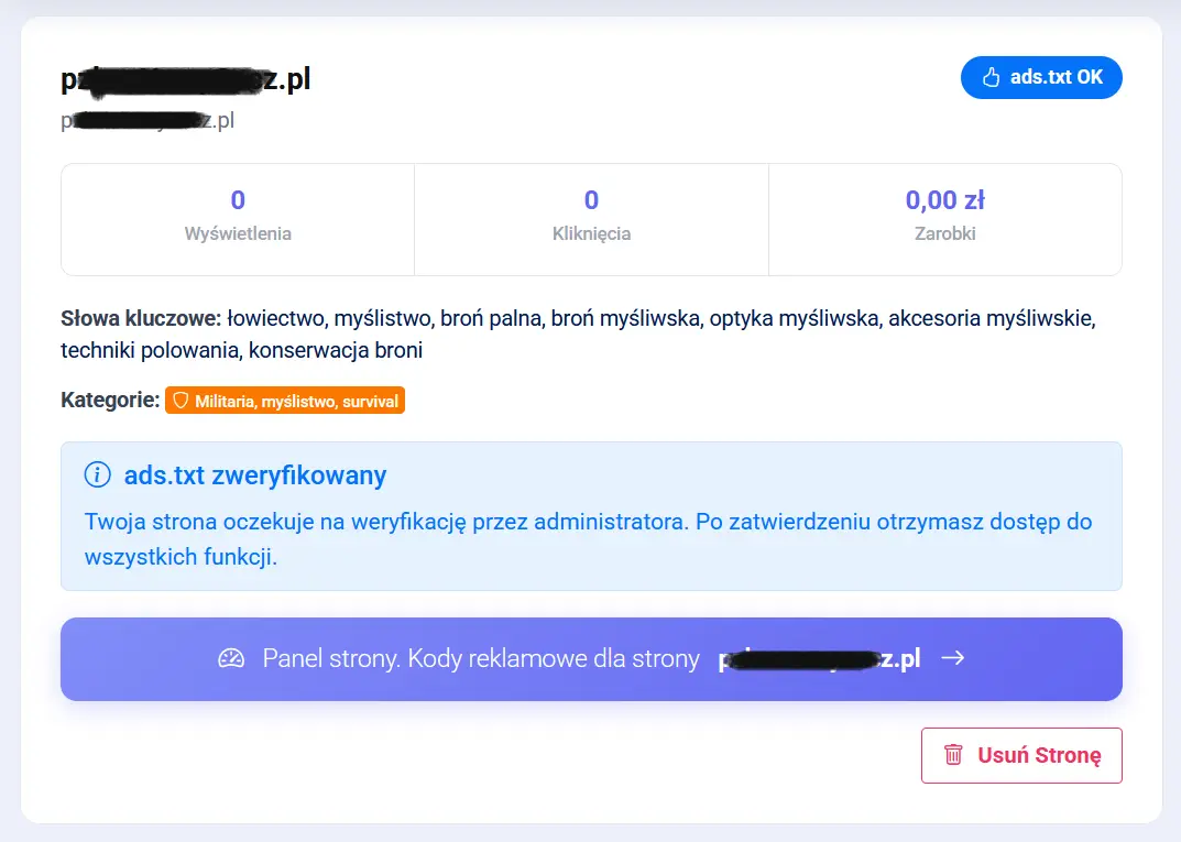 Potwierdzenie weryfikacji strony w panelu MediaBoxy – status Zweryfikowana