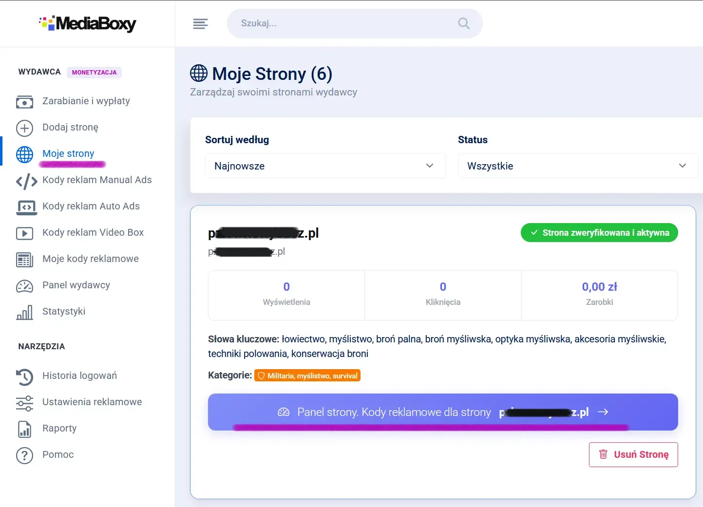 Panel strony wydawcy w MediaBoxy – statystyki i dostęp do kodów reklamowych