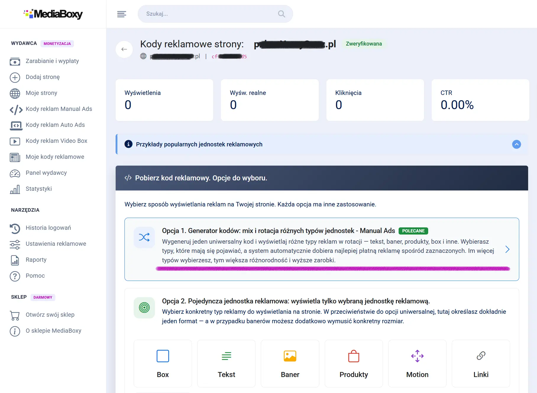 Wybór typu kodów reklamowych w MediaBoxy – opcja Manual Ads generator kodów