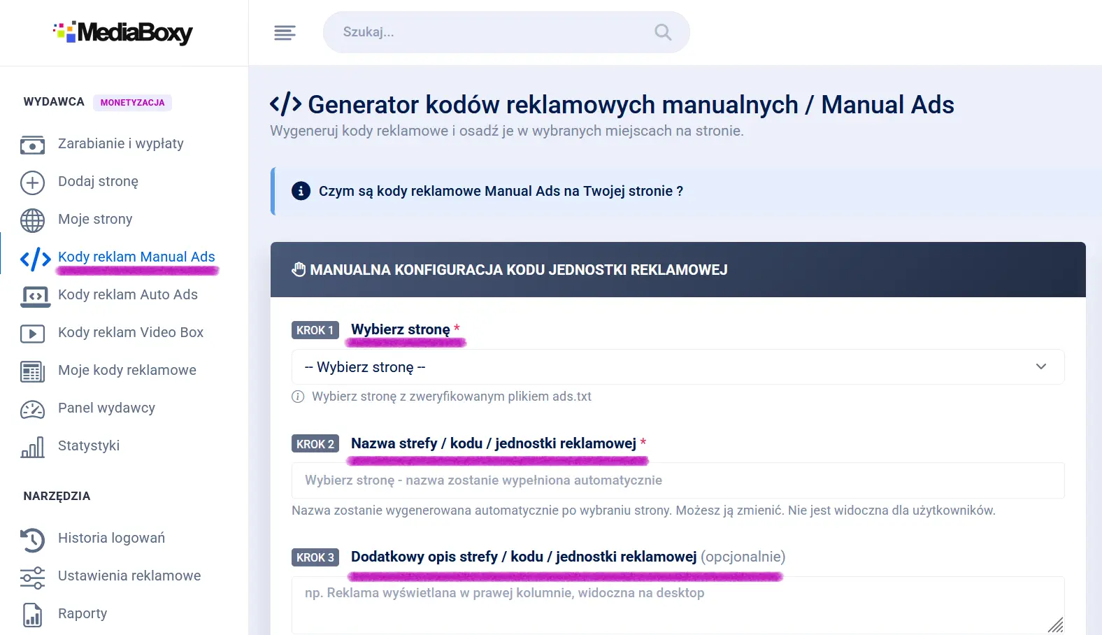 Generator kodów reklamowych Manual Ads w MediaBoxy – formularz konfiguracji jednostki reklamowej